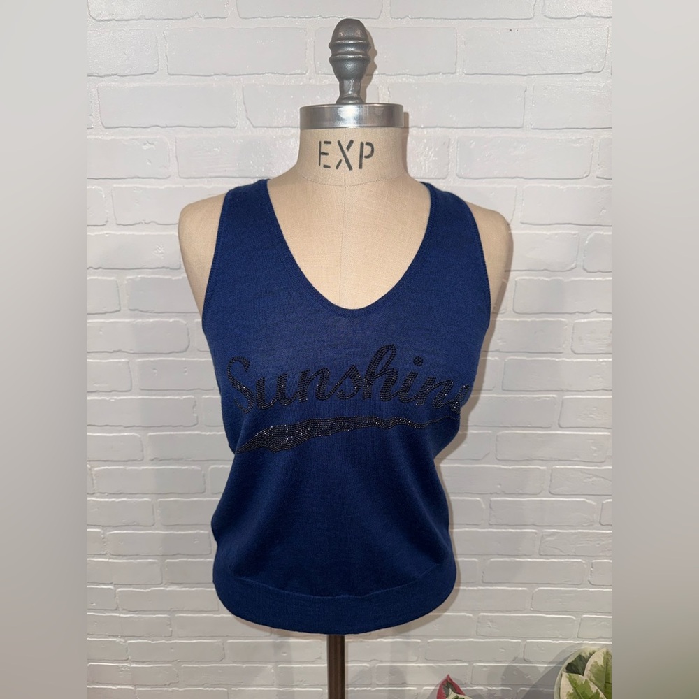 Zadig & Voltaire Merino Wool Navy Blue 'Sunshine' Motif Embellished Tank